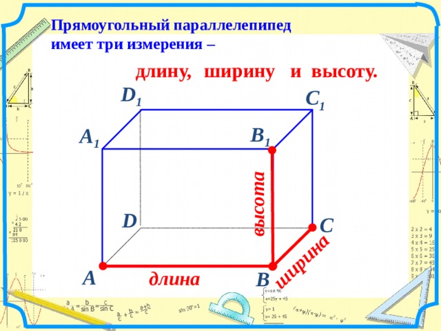 высота  ширина   Прямоугольный параллелепипед имеет три измерения – длину, ширину и высоту. D 1  С 1  В 1  А 1  D  С  длина   А  В