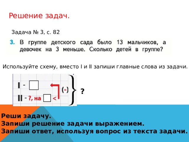 Решение задач. Задача № 3, с. 82 Используйте схему, вместо I и II запиши главные слова из задачи. ? Реши задачу. Запиши решение задачи выражением. Запиши ответ, используя вопрос из текста задачи.