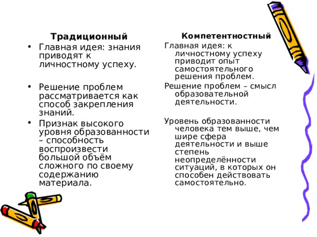 Традиционный Компетентностный Главная идея: к личностному успеху приводит опыт самостоятельного решения проблем. Решение проблем – смысл образовательной деятельности. Уровень образованности человека тем выше, чем шире сфера деятельности и выше степень неопределённости ситуаций, в которых он способен действовать самостоятельно.