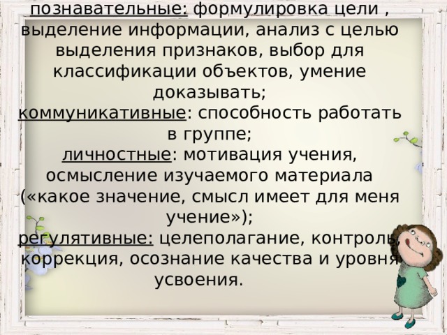 УУД :  познавательные: формулировка цели , выделение информации, анализ с целью выделения признаков, выбор для классификации объектов, умение доказывать;  коммуникативные : способность работать в группе;  личностные : мотивация учения, осмысление изучаемого материала («какое значение, смысл имеет для меня учение»);  регулятивные: целеполагание, контроль, коррекция, осознание качества и уровня усвоения.