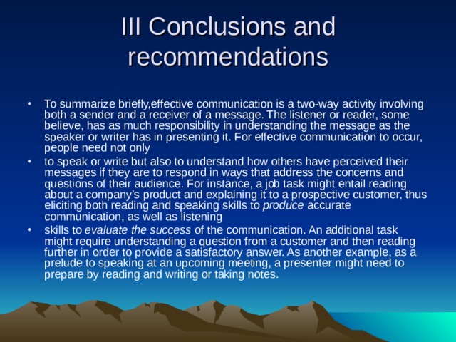 III Conclusions and recommendations