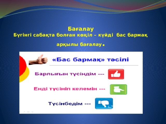 Бағалау    Бүгінгі сабақта болған көңіл – күйді бас бармақ арқылы бағалау .