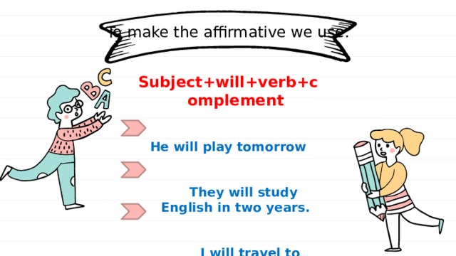 To make the affirmative we use: Subject+will+verb+complement   He will play tomorrow    They will study English in two years.    I will travel to Spain next Monday