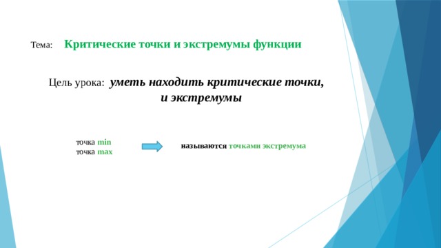 Тема:  Критические точки и экстремумы функции Цель урока:  уметь находить критические точки,  и экстремумы  точка min точка max называются точками экстремума