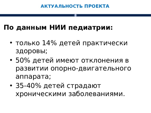 АКТУАЛЬНОСТЬ ПРОЕКТА По данным НИИ педиатрии: