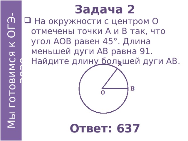 Задача 2  На окружности с центром О отмечены точки А и В так, что угол АОВ равен 45°. Длина меньшей дуги АВ равна 91. Найдите длину большей дуги АВ. Ответ: 637