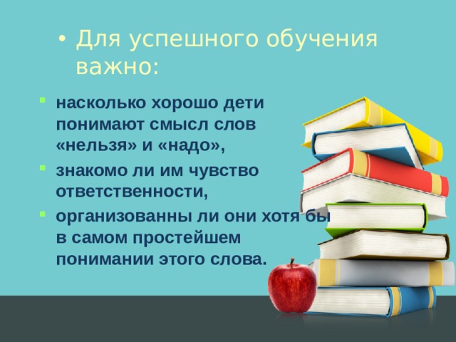 Для успешного обучения важно: насколько хорошо дети понимают смысл слов «нельзя» и «надо», знакомо ли им чувство ответственности, организованны ли они хотя бы в самом простейшем понимании этого слова.