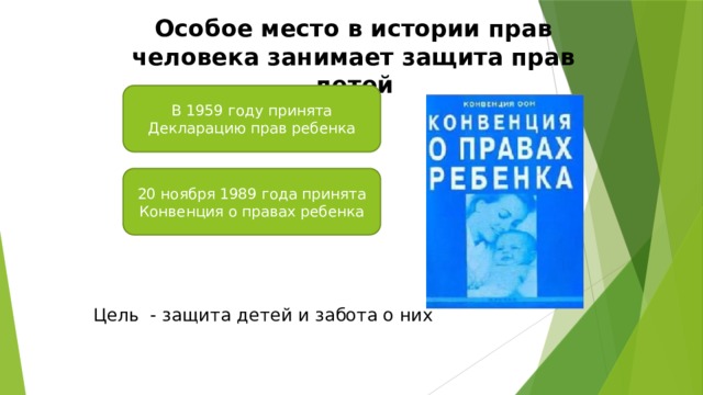 Особое место в истории прав человека занимает защита прав детей В 1959 году принята Декларацию прав ребенка 20 ноября 1989 года принята Конвенция о правах ребенка Цель - защита детей и забота о них