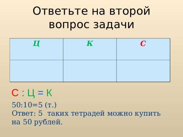 Ответьте на второй вопрос задачи Ц К С Ц К 10р. С ? 50 р. С : Ц = К 50:10=5 (т.) Ответ: 5  таких тетрадей можно купить на 50 рублей.