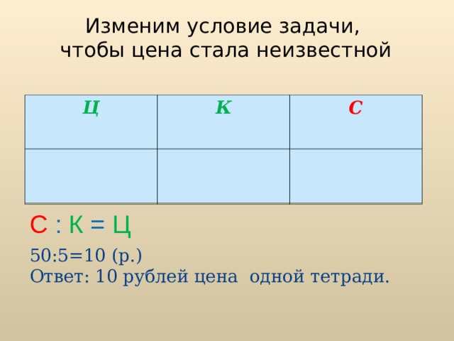 Изменим условие задачи,  чтобы цена стала неизвестной Ц К С Ц К ? С 5 т. 50 р. С : К = Ц 50:5=10 (р.) Ответ: 10 рублей цена одной тетради.