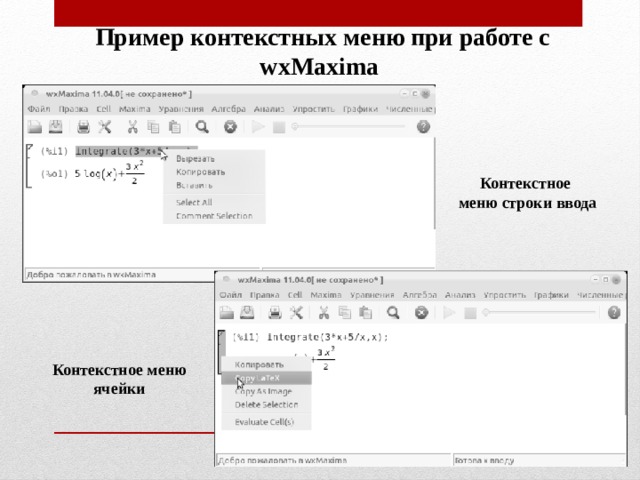Пример контекстных меню при работе с wxMaxima Контекстное меню строки ввода Контекстное меню ячейки