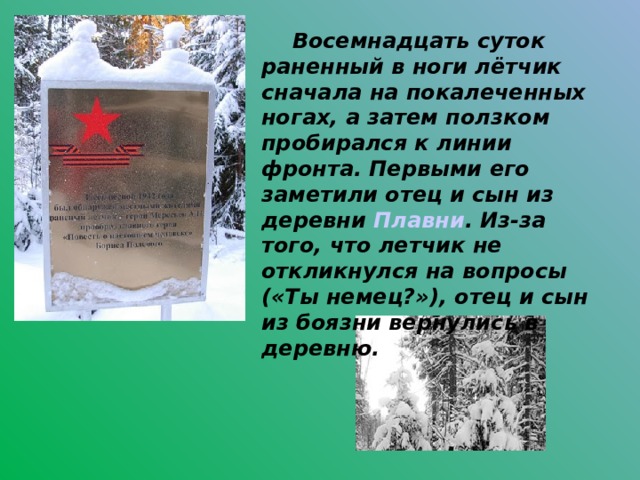 Восемнадцать суток раненный в ноги лётчик сначала на покалеченных ногах, а затем ползком пробирался к линии фронта. Первыми его заметили отец и сын из деревни Плавни . Из-за того, что летчик не откликнулся на вопросы («Ты немец?»), отец и сын из боязни вернулись в деревню.