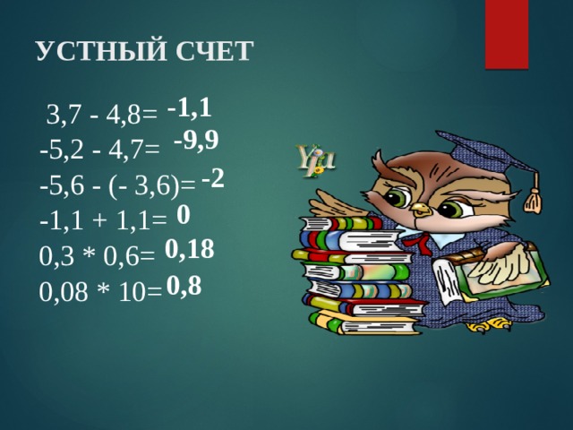 Устный счет -1,1  3,7 - 4,8=   -5,2 - 4,7= -5,6 - (- 3,6)= -1,1 + 1,1= 0,3 * 0,6= 0,08 * 10=  -9,9 -2 0 0,18 0,8