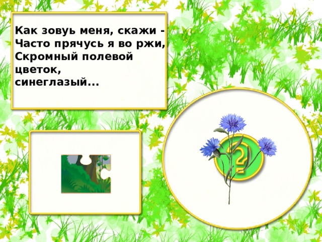 Как зовуь меня, скажи - Часто прячусь я во ржи, Скромный полевой цветок, синеглазый...