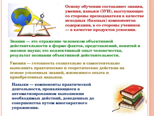 Основу обучения составляют знания, умения, навыки (ЗУН), выступающие со стороны преподавателя в качестве исходных (базовых) компонентов содержания, а со стороны учеников — в качестве продуктов усвоения. Знания — это отражение человеком объективной действительности в форме фактов, представлений, понятий и законов науки; это коллективный опыт человечества, результат познания объективной действительности. Умения — готовность сознательно и самостоятельно выполнять практические и теоретические действия на основе усвоенных знаний, жизненного опыта и приобретенных навыков. Навыки — компоненты практической деятельности, проявляющиеся в автоматизированном выполнении необходимых действий, доведенных до совершенства путем многократного упражнения.