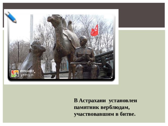 В Астрахани установлен памятник верблюдам, участвовавшим в битве.