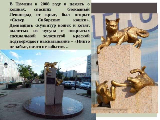 В Тюмени в 2008 году в память о кошках, спасших блокадный Ленинград от крыс, был открыт «Сквер Сибирских кошек». Двенадцать скульптур кошек и котят, вылитых из чугуна и покрытых специальной золотистой краской подтверждают высказывание – «Никто не забыт, ничто не забыто»…