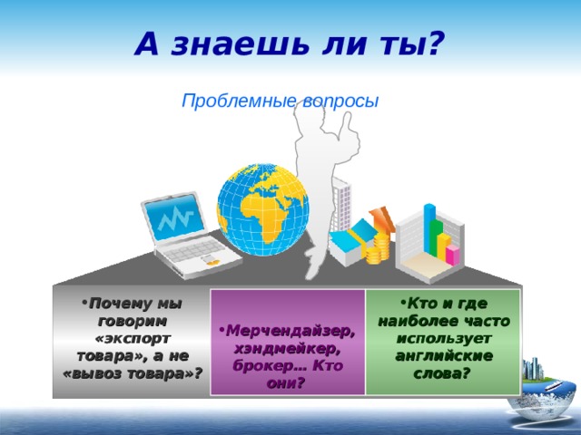 А знаешь ли ты?  Проблемные вопросы  Кто и где наиболее часто использует английские слова?  Почему мы говорим «экспорт товара», а не «вывоз товара»?