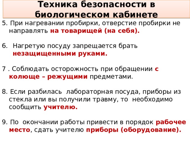 Техника безопасности в биологическом кабинете 5. При нагревании пробирки, отверстие пробирки не направлять на товарищей (на себя). Нагретую посуду запрещается брать незащищенными руками. 7 . Соблюдать осторожность при обращении с колюще – режущими предметами. 8. Если разбилась лабораторная посуда, приборы из стекла или вы получили травму, то необходимо сообщить учителю. 9. По окончании работы привести в порядок рабочее место , сдать учителю приборы (оборудование).