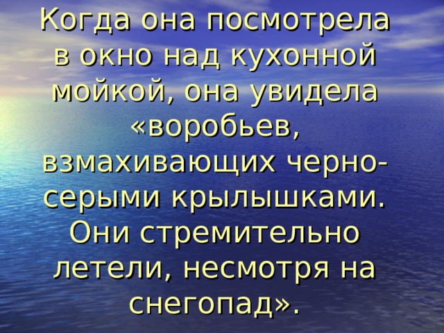 Когда она посмотрела в окно над кухонной мойкой, она увидела «воробьев, взмахивающих черно-серыми крылышками. Они стремительно летели, несмотря на снегопад».