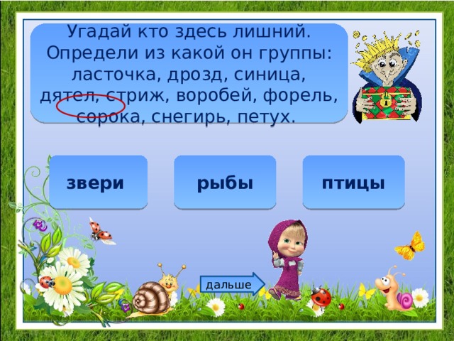 Угадай кто здесь лишний. Определи из какой он группы: ласточка, дрозд, синица, дятел, стриж, воробей, форель, сорока, снегирь, петух. звери рыбы птицы дальше