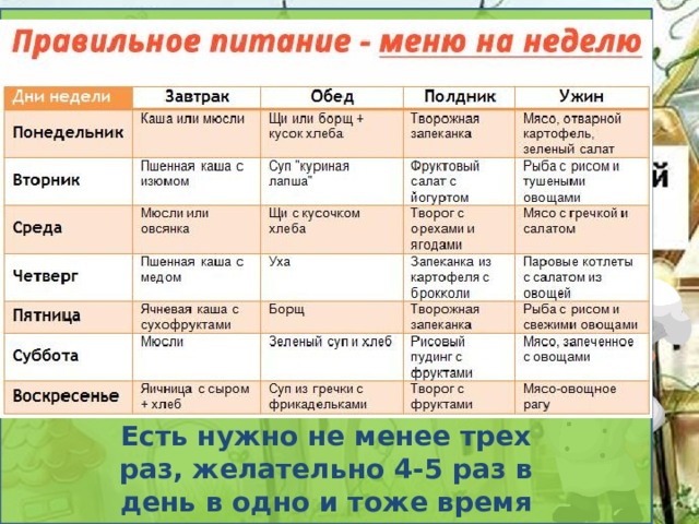 Есть нужно не менее трех раз, желательно 4-5 раз в день в одно и тоже время