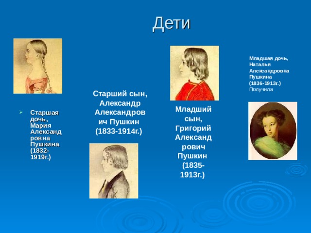 Дети Младшая дочь, Наталья Александровна Пушкина  (1836-1913г.)  Получила Старший сын, Александр Александрович Пушкин  (1833-1914г.)  Младший сын, Григорий Александрович Пушкин  (1835-1913г.)