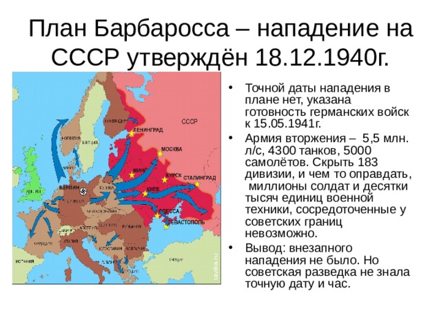 План Барбаросса – нападение на СССР утверждён 18.12.1940г.