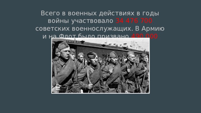 Всего в военных действиях в годы войны участвовало 34 476 700 советских военнослужащих. В Армию и на Флот было призвано 490 000 женщин.