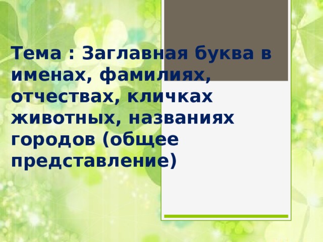 Тема : Заглавная буква в именах, фамилиях, отчествах, кличках животных, названиях городов (общее представление)