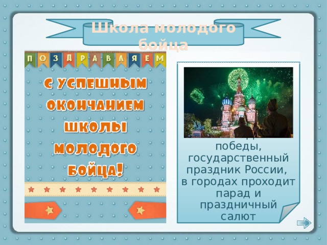 Школа молодого бойца  Успех в бою, в войне, полное поражение войск противника 9 мая – День победы, государственный праздник России, (врага) в городах проходит парад и праздничный салют А К А А Т Р М Ш А А Л А Ф Л Г Т Ь Ш Я Н А К Л Е Х Т А П О Е Н Р Е А Е В Т Е О Д А П Б