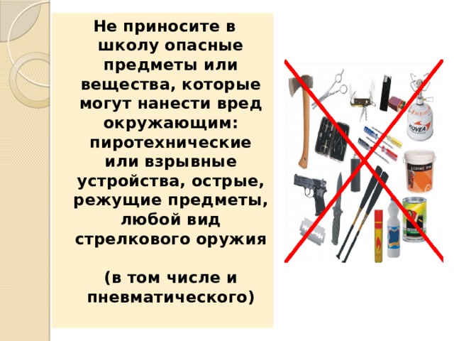 Не приносите в школу опасные предметы или вещества, которые могут нанести вред окружающим: пиротехнические или взрывные устройства, острые, режущие предметы, любой вид стрелкового оружия  (в том числе и пневматического)