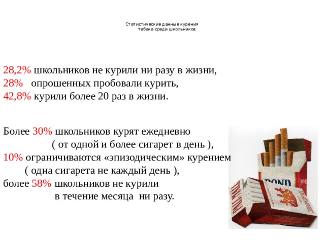 Статистические данные курения  табака среди школьников   28,2% школьников не курили ни разу в жизни, 28% опрошенных пробовали курить, 42,8% курили более 20 раз в жизни. Более 30% школьников курят ежедневно  ( от одной и более сигарет в день ), 10% ограничиваются «эпизодическим» курением  ( одна сигарета не каждый день ), более 58% школьников не курили  в течение месяца ни разу.