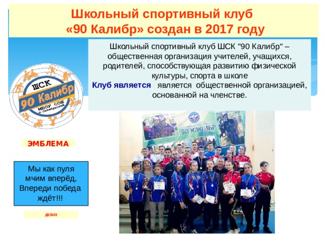 Школьный спортивный клуб  «90 Калибр» создан в 2017 году Школьный спортивный клуб ШСК 