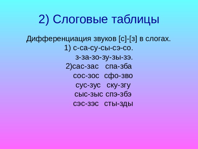 2) Слоговые таблицы Дифференциация звуков [с]-[з] в слогах. 1) с-са-су-сы-сэ-со.  з-за-зо-зу-зы-зэ. 2)сас-зас  спа-зба  сос-зос  сфо-зво  сус-зус  ску-згу  сыс-зыс  спэ-збэ  сэс-зэс  сты-зды