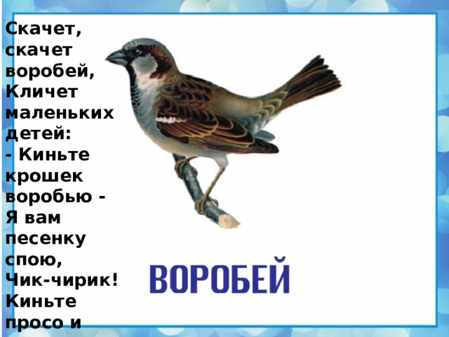 Скачет, скачет воробей,  Кличет маленьких детей:  - Киньте крошек воробью -  Я вам песенку спою,  Чик-чирик!  Киньте просо и ячмень -  Буду петь вам целый день,  Чик-чирик!