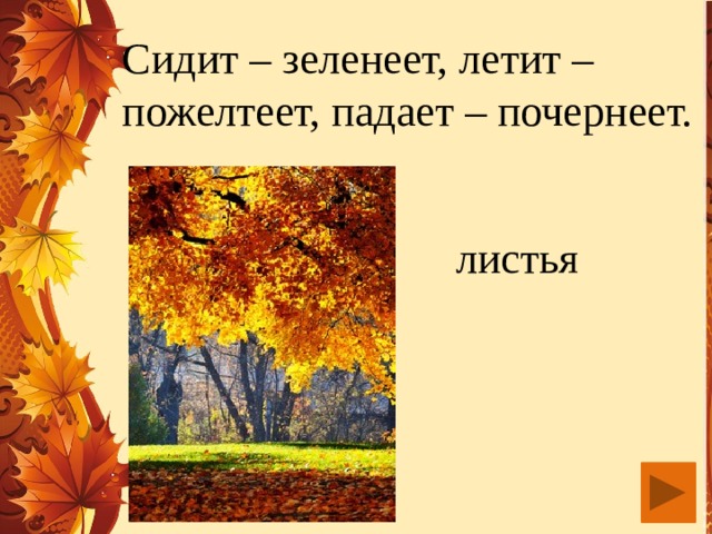 Сидит – зеленеет, летит – пожелтеет, падает – почернеет. листья