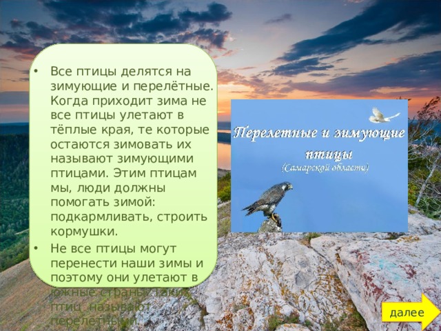 Все птицы делятся на зимующие и перелётные. Когда приходит зима не все птицы улетают в тёплые края, те которые остаются зимовать их называют зимующими птицами. Этим птицам мы, люди должны помогать зимой: подкармливать, строить кормушки. Не все птицы могут перенести наши зимы и поэтому они улетают в южные страны. Таких птиц называют перелётными.