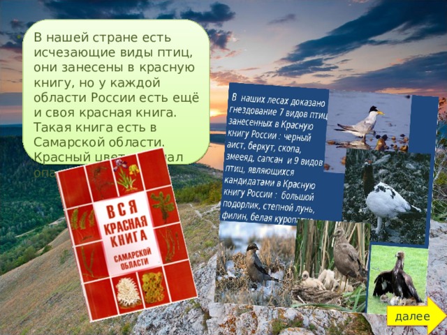 В нашей стране есть исчезающие виды птиц, они занесены в красную книгу, но у каждой области России есть ещё и своя красная книга. Такая книга есть в Самарской области. Красный цвет - сигнал опасности.