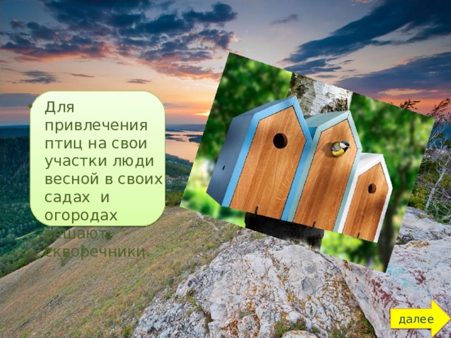 Для привлечения птиц на свои участки люди весной в своих садах и огородах вешают скворечники.