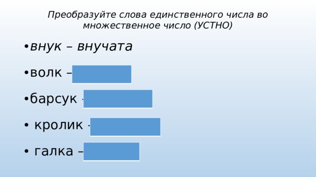 Преобразуйте слова единственного числа во множественное число (УСТНО)