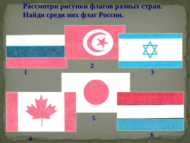 Рассмотри рисунки флагов разных стран. Найди среди них флаг России. 2 1 3 5 6 4