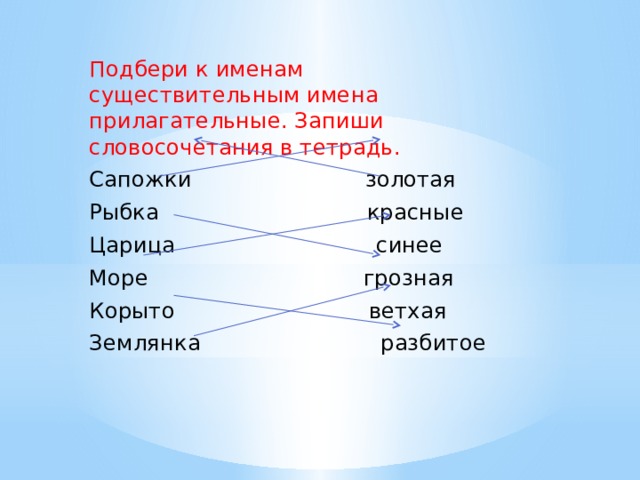 Подбери к именам существительным имена прилагательные. Запиши словосочетания в тетрадь. Сапожки золотая Рыбка красные Царица синее Море грозная Корыто ветхая Землянка разбитое