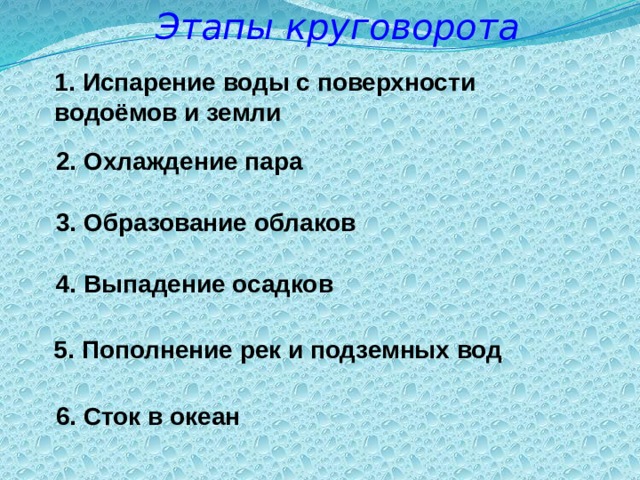 Этапы круговорота 1. Испарение воды с поверхности водоёмов и земли 2. Охлаждение пара 3. Образование облаков 4. Выпадение осадков 5. Пополнение рек и подземных вод 6. Сток в океан