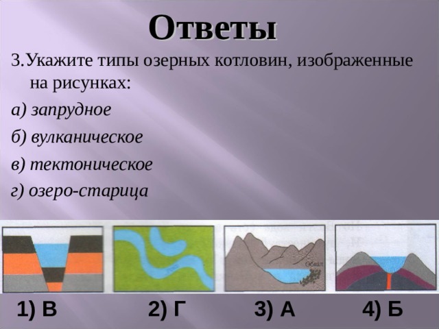 Ответы 3.Укажите типы озерных котловин, изображенные на рисунках: а) запрудное б) вулканическое в) тектоническое г) озеро-старица     1) В    2) Г   3) А 4) Б