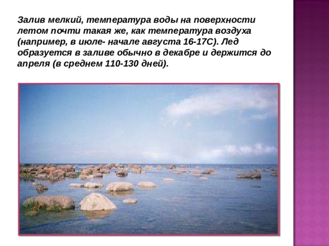 Залив мелкий, температура воды на поверхности летом почти такая же, как температура воздуха (например, в июле- начале августа 16-17С). Лед образуется в заливе обычно в декабре и держится до апреля (в среднем 110-130 дней).