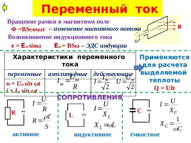 Переменный ток Вращение рамки в магнитном поле В – изменение магнитного потока Ф =BScosωt Возникновение индукционного тока ω е = E m sinω E m = BS ω – ЭДС индукции Применяются для расчета выделяемой теплоты Q = UIt Характеристики переменного тока переменные u = U m sin  ωt амплитудные i = I m sin ωt действующие СОПРОТИВЛЕНИЯ ~ C ~ R ~ L активное индуктивное ёмкостное