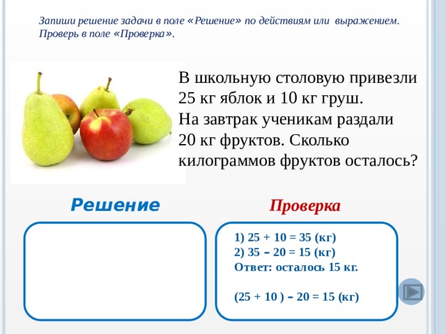 Запиши решение задачи в поле « Решение » по действиям или выражением. Проверь в поле « Проверка » . В школьную столовую привезли 25 кг яблок и 10 кг груш. На завтрак ученикам раздали 20 кг фруктов. Сколько килограммов фруктов осталось? Решение Проверка 1) 25 + 10 = 35 (кг) 2) 35 – 20 = 15 (кг) Ответ: осталось 15 кг.  (25 + 10 ) – 20 = 15 (кг)