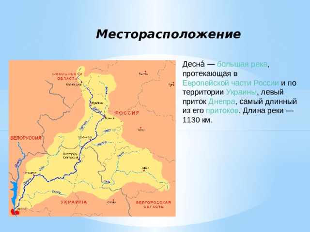 Месторасположение Десна́ —  большая   река , протекающая в  Европейской части   России  и по территории  Украины , левый приток  Днепра , самый длинный из его притоков . Длина реки — 1130 км.