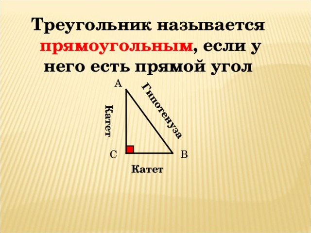 Гипотенуза Катет Треугольник называется прямоугольным , если у него есть прямой угол А В С Катет